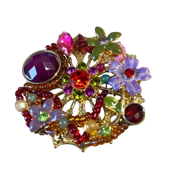 Colorful Floral-Inspired Gold-Tone Brooch Multicolored Gemstones Beads Crystals - Picture 3 of 4